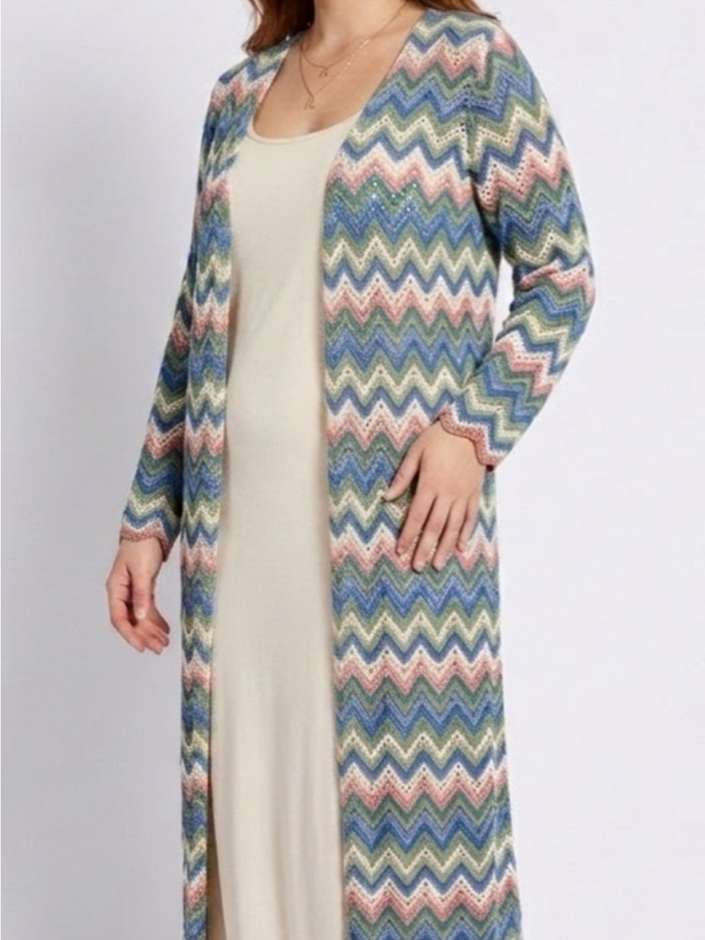 VENUS Pastel Chevron Long Open-Front Cardigan in Blue, Green, Pink, Cream, Gray